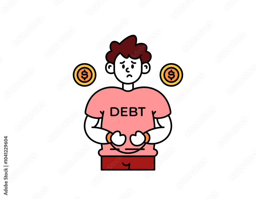 illustration of a man whose hands are tied or handcuffed. trapped in debt. confused to pay off debt. financial problems. facial expression. outline style character design. elements illustration of a man whose hands are tied or handcuffed. trapped in debt. confused to pay off debt. financial problems. facial expression. outline style character design. elements