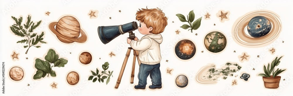 Naklejka premium A boy is looking through a telescope. There are many planets and stars in the background. A potted plant is in the foreground