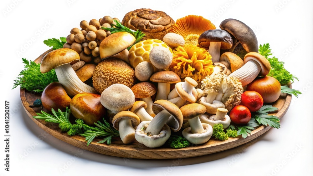 Fototapeta premium Delicious, fresh mushrooms arranged on a simple white plate, showcasing their unique shapes and colors, ideal for culinary stock photography and delicious recipe inspiration.