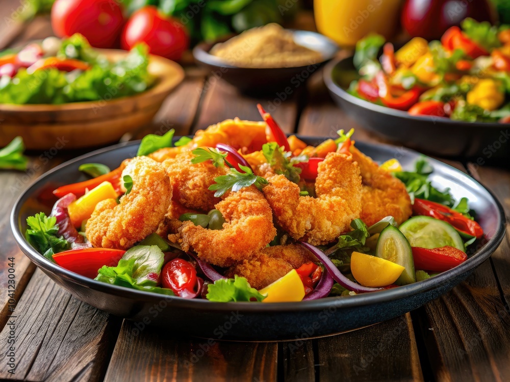 Delicious Fried Shrimp with Fresh Vegetable Salad - Culinary Delight Photography Delicious Fried Shrimp with Fresh Vegetable Salad - Culinary Delight Photography