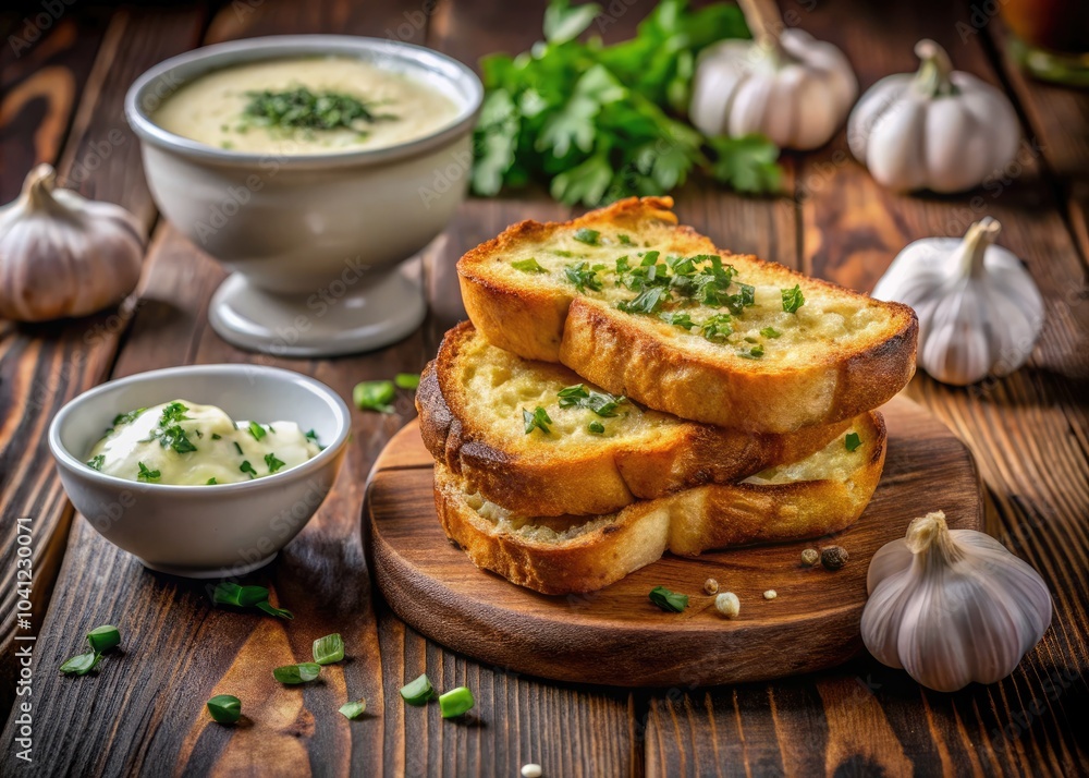 Delicious Fried Toasts with Garlic Sauce on a Rustic Table for Food Lovers Delicious Fried Toasts with Garlic Sauce on a Rustic Table for Food Lovers