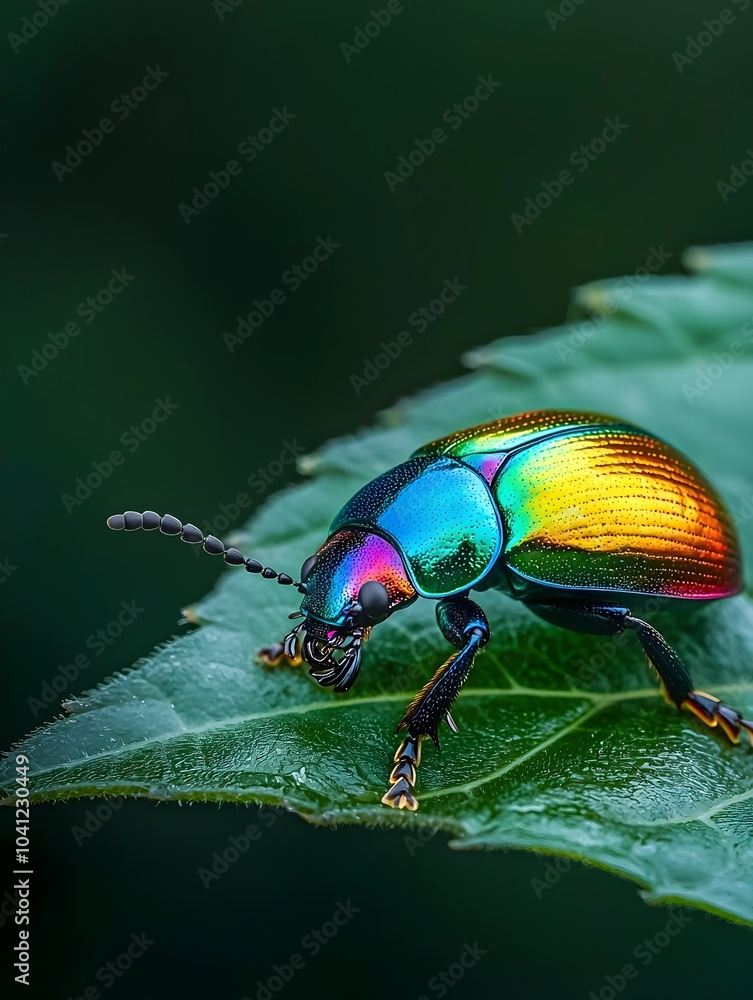 Vibrant Iridescent Beetle Crawling on Shiny Green Leaf Reflecting Spectrum of Colors Vibrant Iridescent Beetle Crawling on Shiny Green Leaf Reflecting Spectrum of Colors