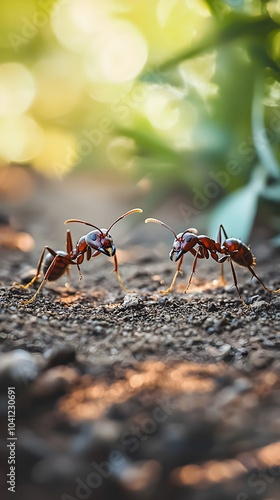 Two Ants Communicating Through Antennae on Dirt Path Representing Insect Behavior