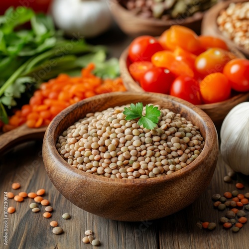 Groats-lentils-veggies on wood