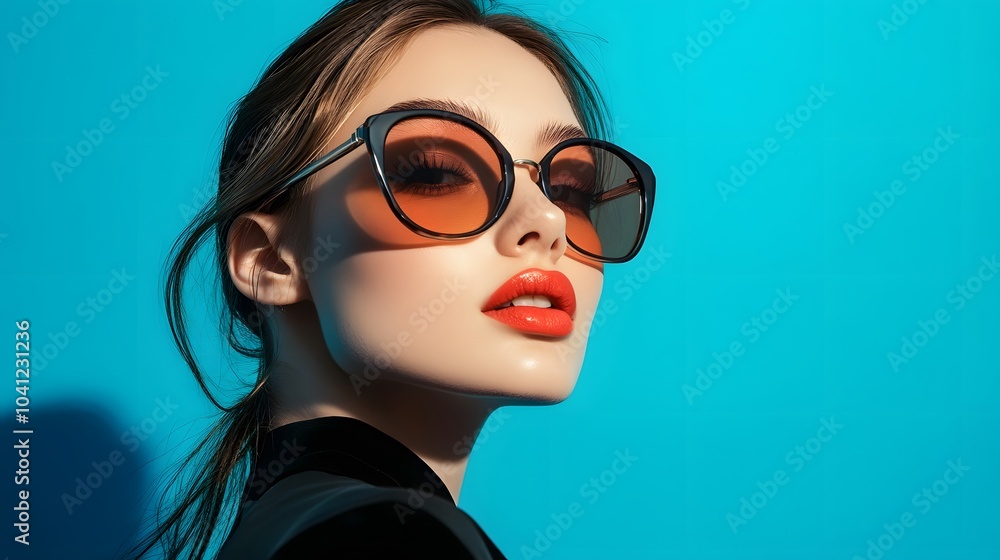 beautiful young woman in sunglasses standing in front of wonderful blue background. beautiful young woman in sunglasses standing in front of wonderful blue background.
