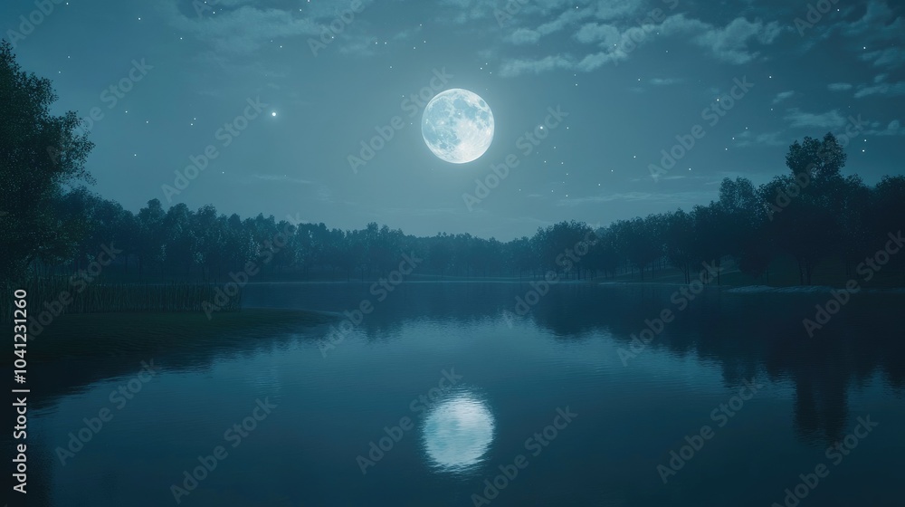 Full moon shining over a calm lake, reflecting in the still waters, creating a tranquil nighttime scene. Full moon shining over a calm lake, reflecting in the still waters, creating a tranquil nighttime scene.
