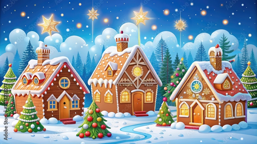 Delight in a whimsical gingerbread house scene, adorned with colorful candies and frosted roofs, creating a joyful winter wonderland perfect for Christmas celebrations. Delight in a whimsical gingerbread house scene, adorned with colorful candies and frosted roofs, creating a joyful winter wonderland perfect for Christmas celebrations.