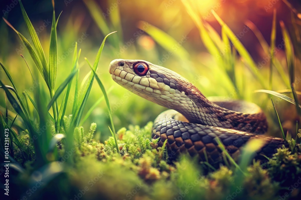 Fototapeta premium Delve into this stunning vintage photography of a snake amidst grass, showcasing the beauty of nature and inviting wildlife enthusiasts into the wild's intricate world.