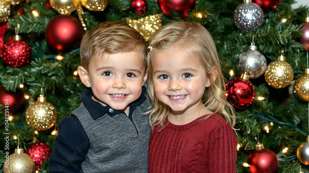 A brother and sister smile for the camera in front of a Christmas tree decorated with red and gold ornaments A brother and sister smile for the camera in front of a Christmas tree decorated with red and gold ornaments