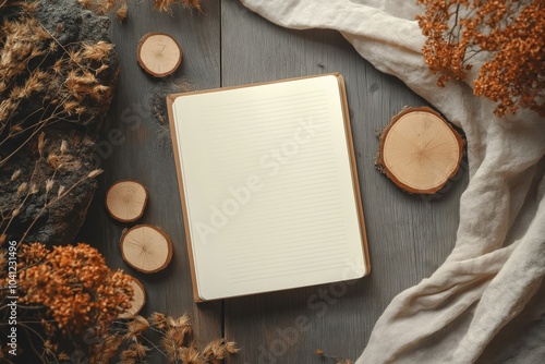 Top-down view of an open lined notebook mockup with wooden slices and dried flowers