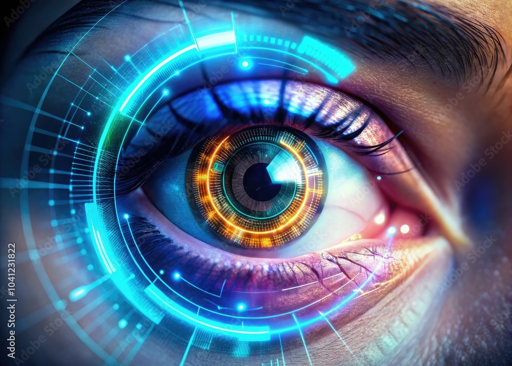 Detailed view of human eyes featuring a radiant digital hologram highlighting advanced technological concepts in a futuristic setting, emphasizing innovation and visionary ideas. Detailed view of human eyes featuring a radiant digital hologram highlighting advanced technological concepts in a futuristic setting, emphasizing innovation and visionary ideas.