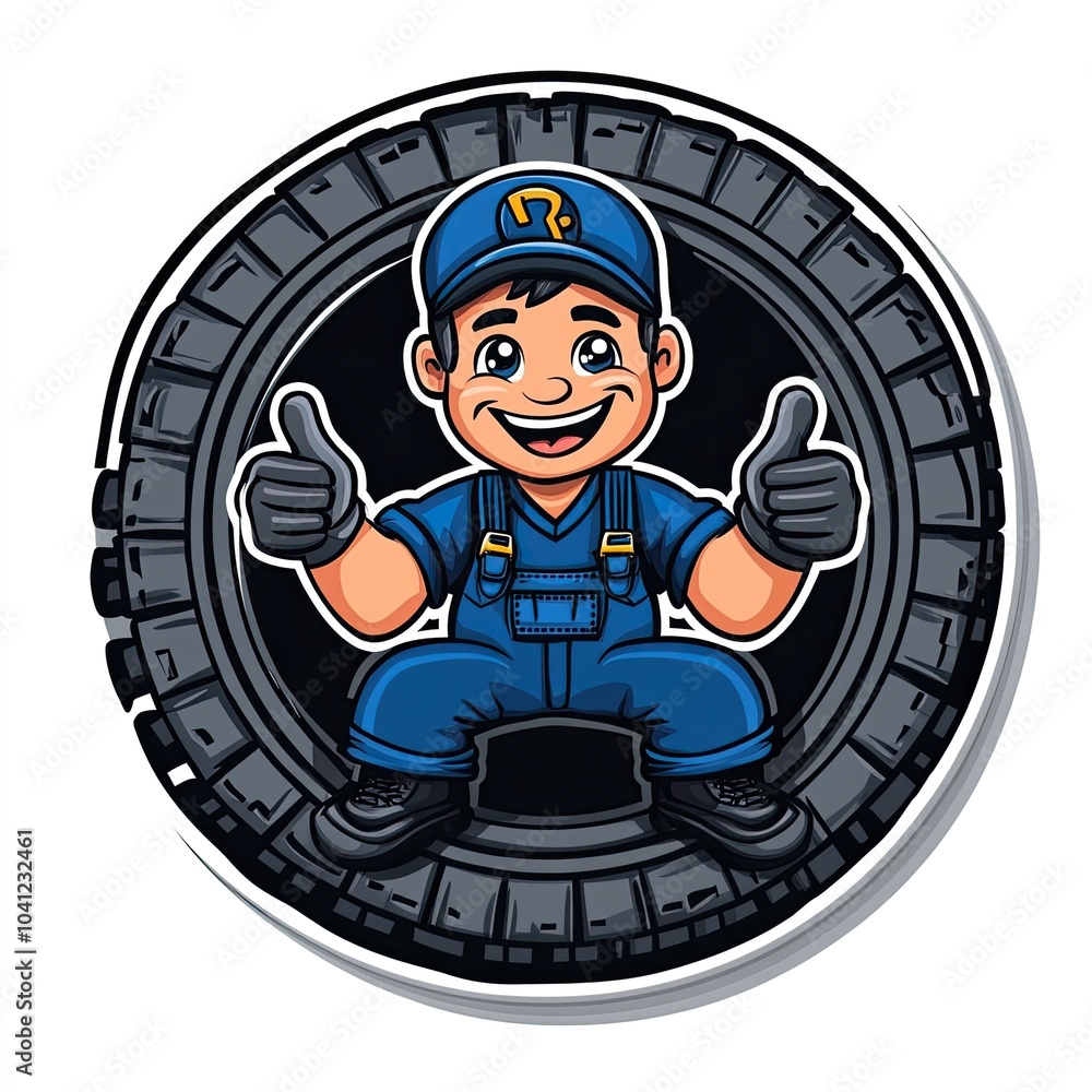Cartoon Mechanic Character in Blue Overalls Giving Thumbs Up Inside a Tire Illustration for Automotive and Repair Themes Cartoon Mechanic Character in Blue Overalls Giving Thumbs Up Inside a Tire Illustration for Automotive and Repair Themes