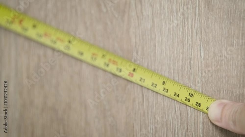 Close-up of a hand holding a yellow measuring tape against a textured wooden surface, focusing on precision and detail in a carpentry or home improvement project. Ideal for construction or DIY tasks. photo