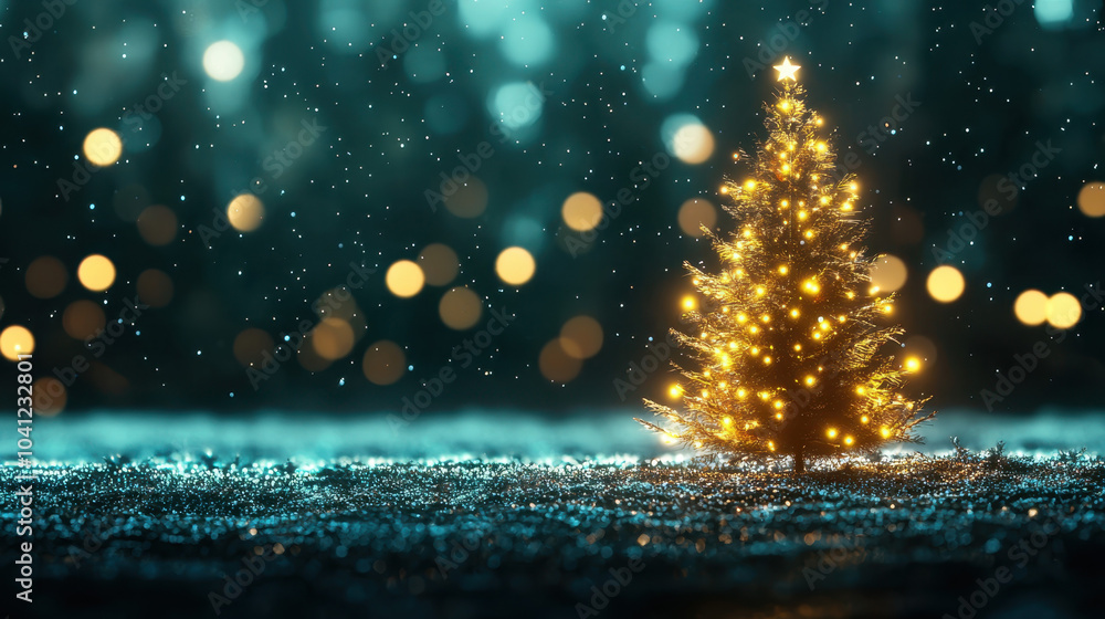 Naklejka premium beautifully lit Christmas tree stands alone in snowy landscape, surrounded by soft bokeh lights. scene evokes warm, festive atmosphere, perfect for holiday season