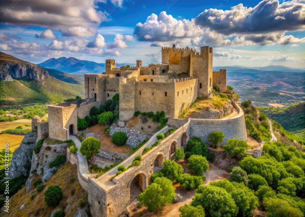 Obraz premium Discover the captivating Medieval Chlemoutsi Castle in Kastro, Greece; a striking photography haven for travel enthusiasts and history lovers, celebrating its architectural grandeur and historical sig