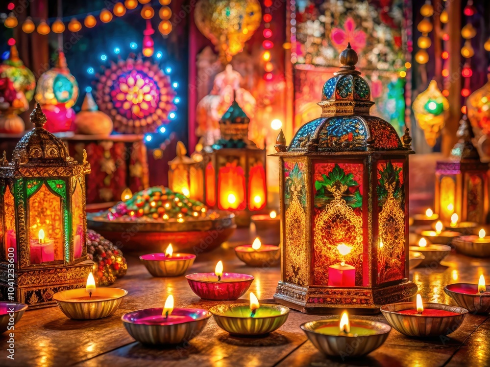 Diwali Celebration with Glittering Candles and Lanterns Symbolizing Goodness and Light Diwali Celebration with Glittering Candles and Lanterns Symbolizing Goodness and Light