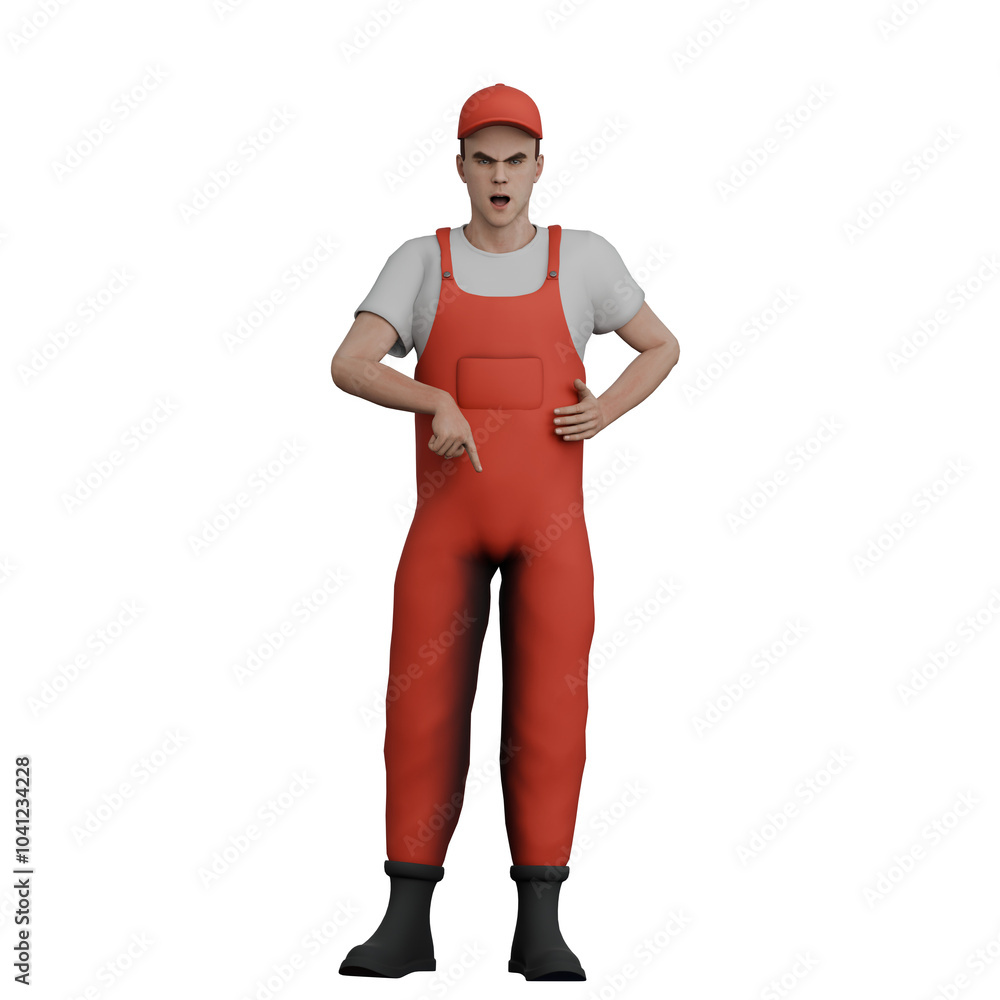 3D Illustration of Male Mechanic.A male mechanic stands with his left hand pointing down with an angry expression. Car Service Specialist 3D Illustration of Male Mechanic.A male mechanic stands with his left hand pointing down with an angry expression. Car Service Specialist