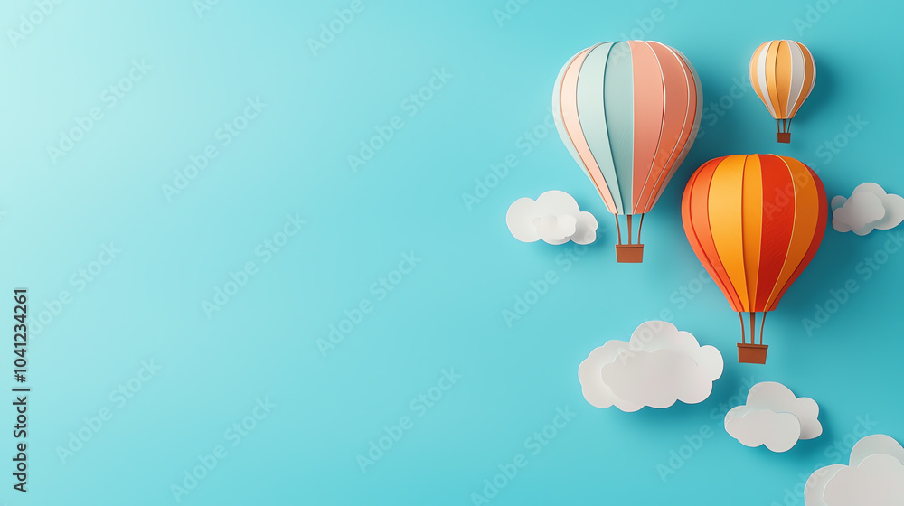 Colorful paper hot air balloons floating in a bright blue sky with soft clouds for a whimsical touch Colorful paper hot air balloons floating in a bright blue sky with soft clouds for a whimsical touch