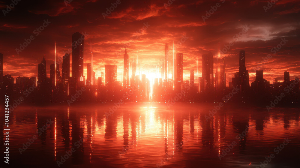 stunning sunset casts orange glow over futuristic city skyline, reflecting beautifully on water. dramatic clouds and towering buildings create captivating atmosphere stunning sunset casts orange glow over futuristic city skyline, reflecting beautifully on water. dramatic clouds and towering buildings create captivating atmosphere