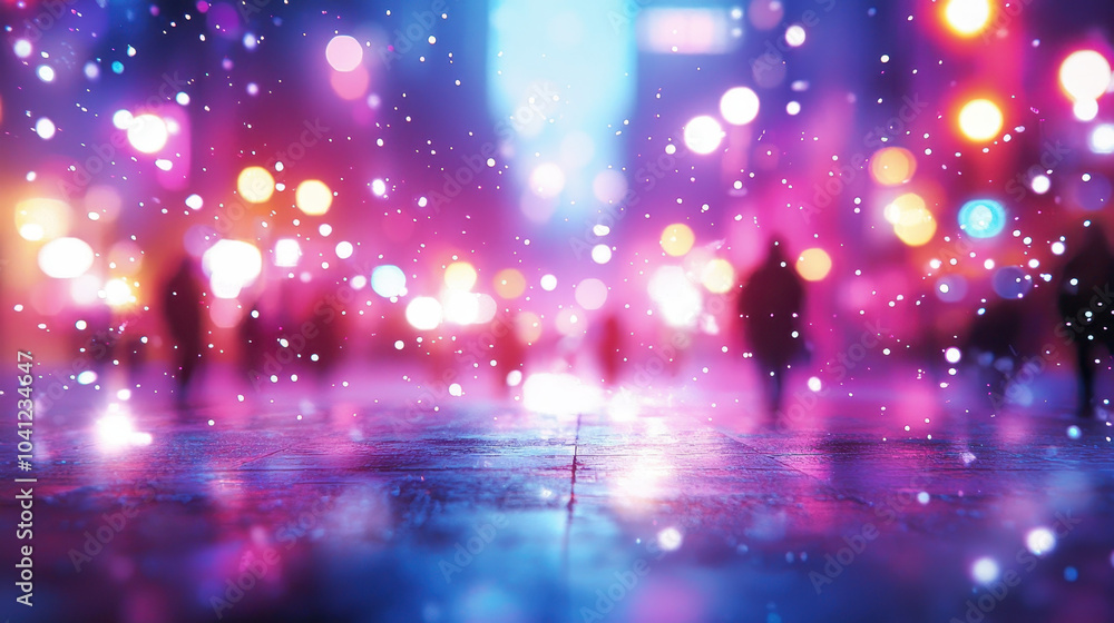 Colorful bokeh lights and falling snow create magical winter scene, evoking sense of wonder and joy in bustling urban environment Colorful bokeh lights and falling snow create magical winter scene, evoking sense of wonder and joy in bustling urban environment