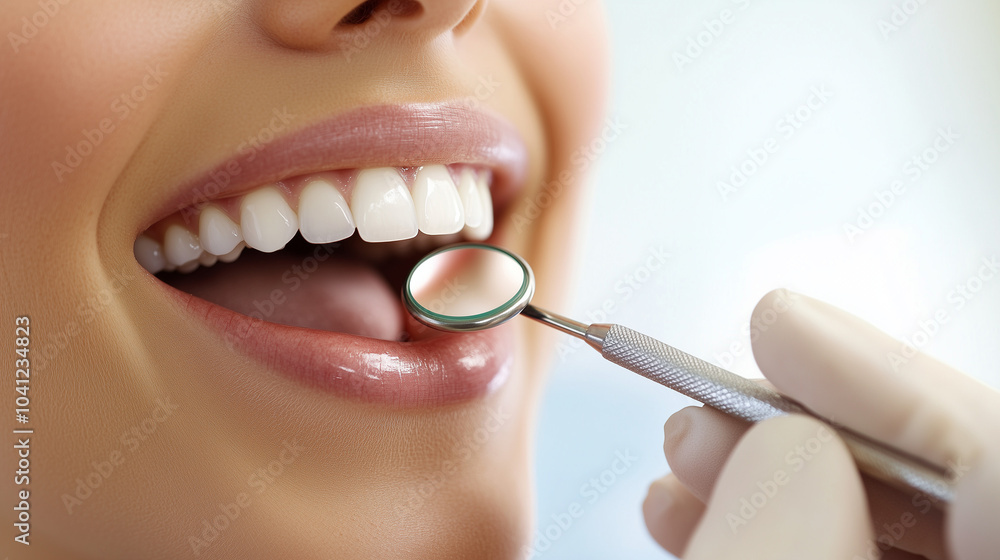 Obraz premium Twarz kobiety w trakcie przeglądu dentystycznego, lśniące narzędzia stomatologiczne odbijają światło, a lekarz precyzyjnie ocenia zdrowie jamy ustnej.