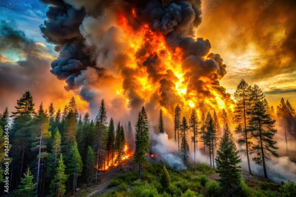 Dramatic Forest Fire at Sunset: Intense Smoke and Flames in Woodland Area Dramatic Forest Fire at Sunset: Intense Smoke and Flames in Woodland Area