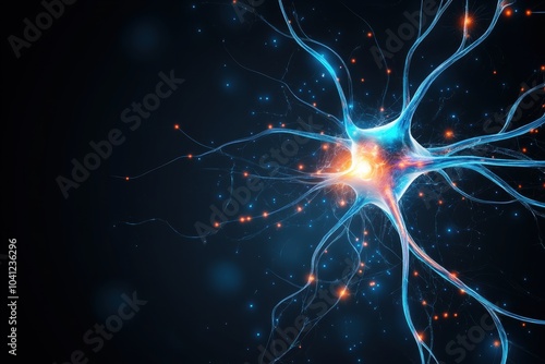 Abstract representation of a neuron with luminous connections in a dark background. Suitable for science and technology themes.