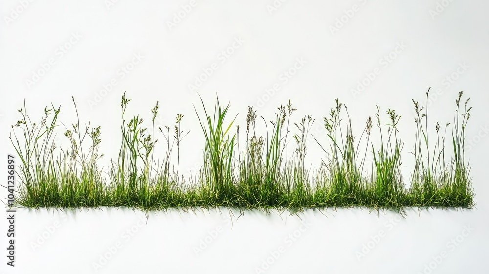 Fototapeta premium Line of verdant grass tufts, each with distinct shapes, against a white backdrop.