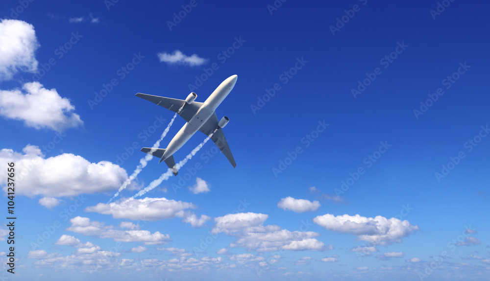 Fototapeta premium Horizontal nature background with aircraft and Jet trailing smoke in the sky. Airplane and condensation trail. Foggy trail jet and plane in blue sky with white clouds. Traveling the world concept