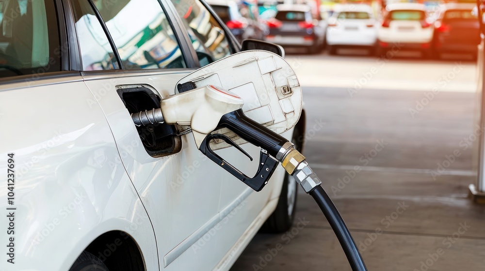 White car being refueled at a gas station close up view of pump connected to the vehicle, gas station, car fueling, vehicle refueling White car being refueled at a gas station close up view of pump connected to the vehicle, gas station, car fueling, vehicle refueling