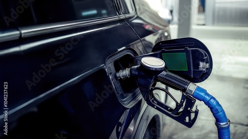 Close up of cng station pump beside black car green and white digital display on tank, cng fuel, gas station, digital display photo