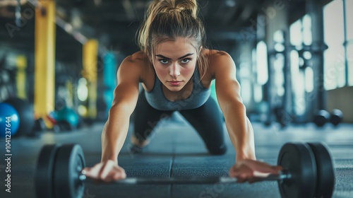 Young woman performing a barbell roll-out exercise at the gym.