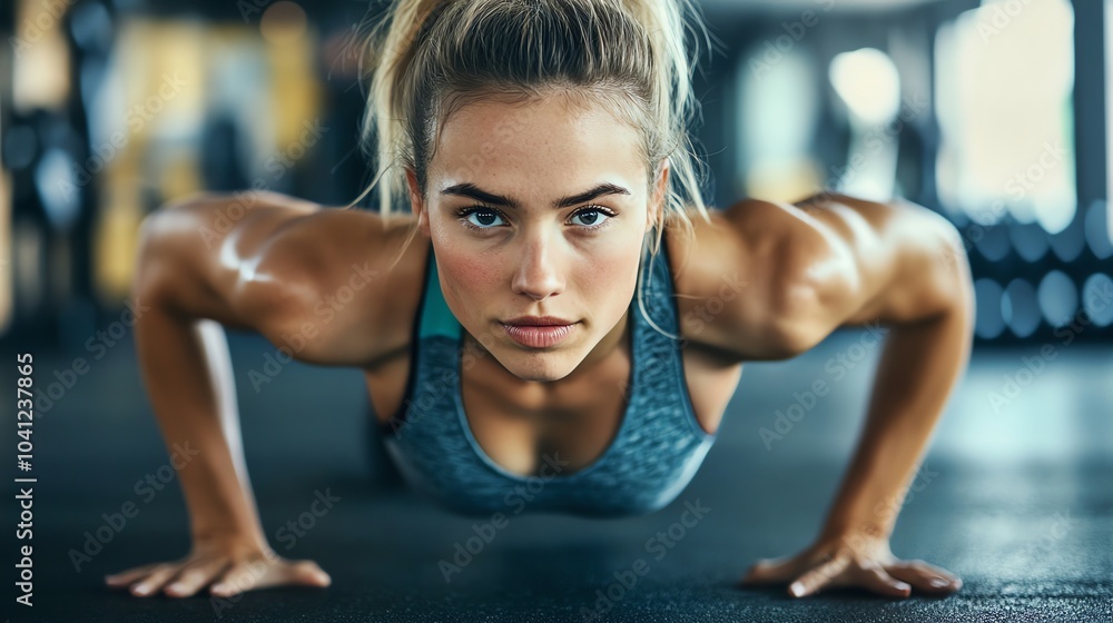 Fototapeta premium A woman in a gym doing a push-up exercise.