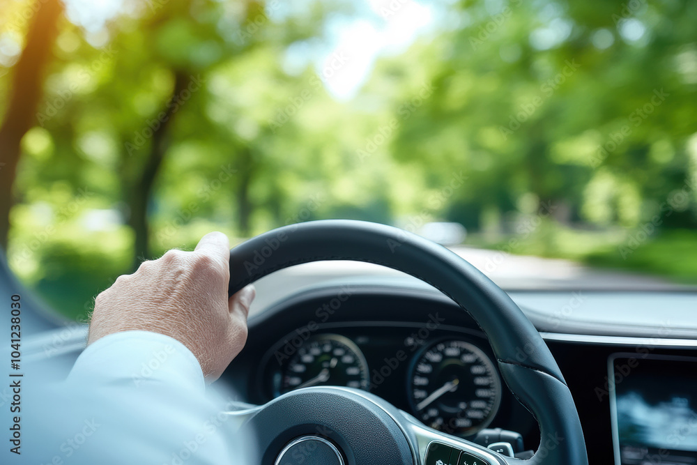 Close-up of a hand on a steering wheel, driving through a scenic green landscape. A peaceful journey in nature's beauty. Close-up of a hand on a steering wheel, driving through a scenic green landscape. A peaceful journey in nature's beauty.