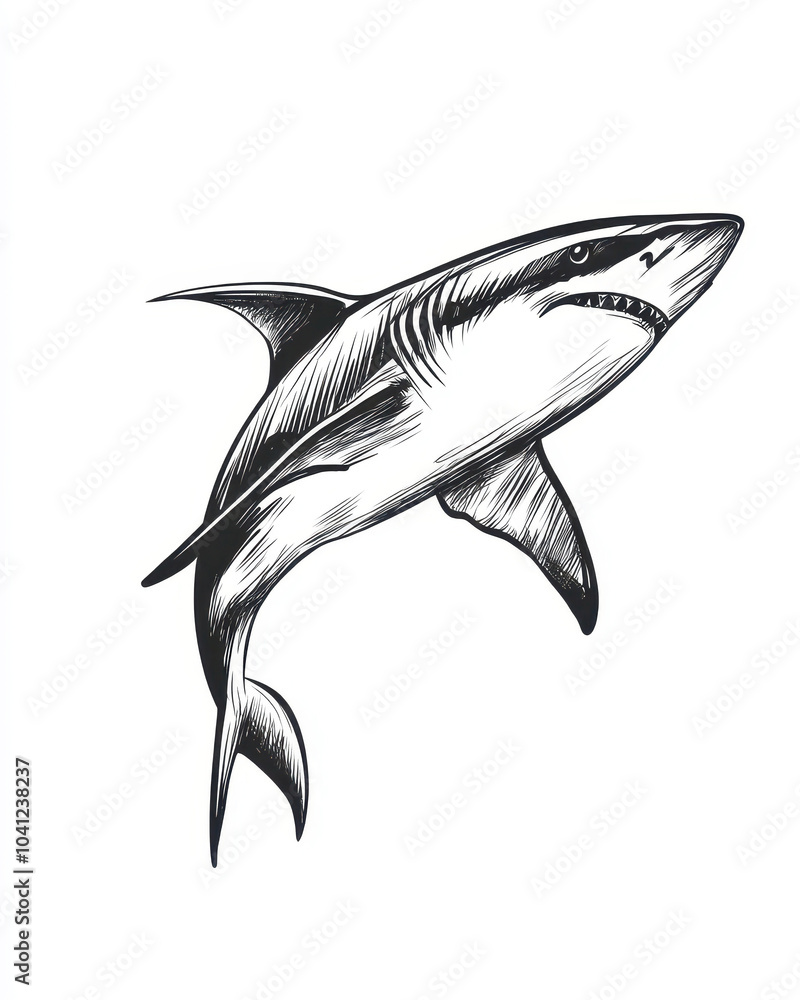 Obraz premium Minimalistic black ink drawing of a shark emphasizing its sleek and powerful form, showcasing artistic simplicity and elegance.