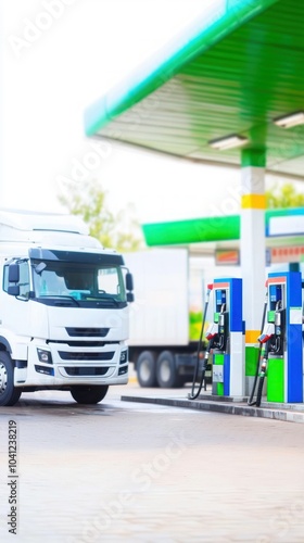 White truck refueling at gas station with green and blue colors nearby multiple fueling stations for trucks visible in the background, truck refueling, gas station, fueling stations photo