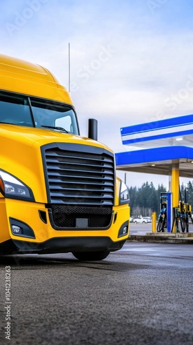 Yellow semi truck parked at gas station with front end visible empty fuel pump area in view, semi truck, gas station, truck fueling photo