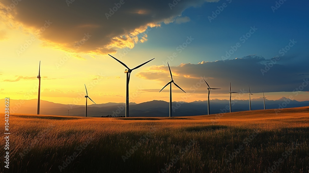Wind Turbines at Sunset in Open Field Wind Turbines at Sunset in Open Field