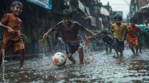 Indian slum kids playing  football in rain 