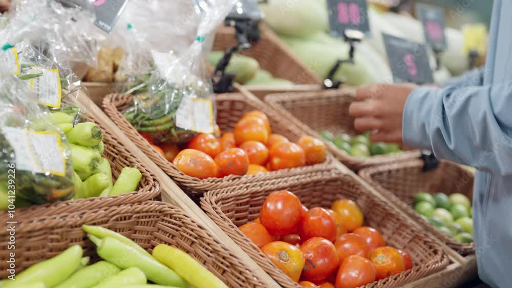 A man is shopping for vegetables at a market. He is looking at the tomatoes and peppers. The scene is bright and cheerful, with the man's hand reaching for the produce A man is shopping for vegetables at a market. He is looking at the tomatoes and peppers. The scene is bright and cheerful, with the man's hand reaching for the produce