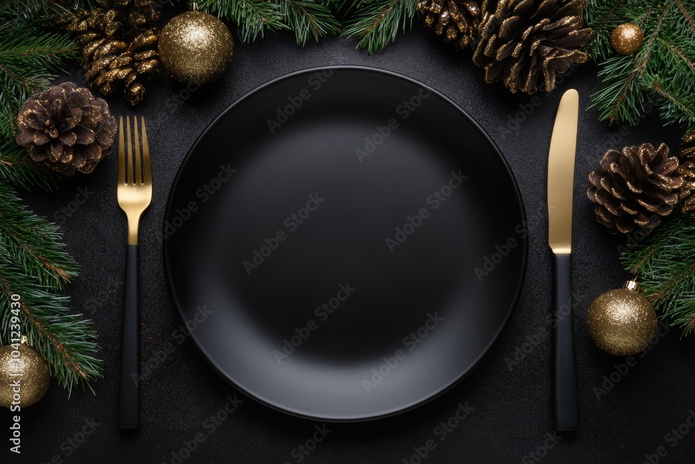 Black empty plate mock up on a Holiday Table Setting. Gold Cutlery. Stylish dining setup on a dark background. Golden utensils, stars. Food menu mockup. Festive Dish template. Top view, Flat lay. Black empty plate mock up on a Holiday Table Setting. Gold Cutlery. Stylish dining setup on a dark background. Golden utensils, stars. Food menu mockup. Festive Dish template. Top view, Flat lay.