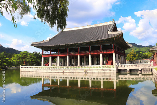 Gyeonghoeru Pavilion and pond, Gyeongbokgung palace complex, Seoul, South Korea. Beautiful landscape with lake, mountains and Gyeonghoeru Pavilion, Gyeongbokgung Palace, Seoul, Republic of Korea photo