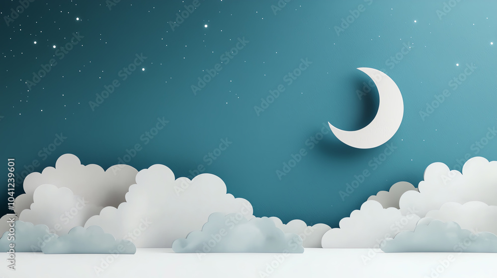 Fototapeta premium Dreamy night sky with clouds and crescent moon in a whimsical paper art style for tranquil vibes