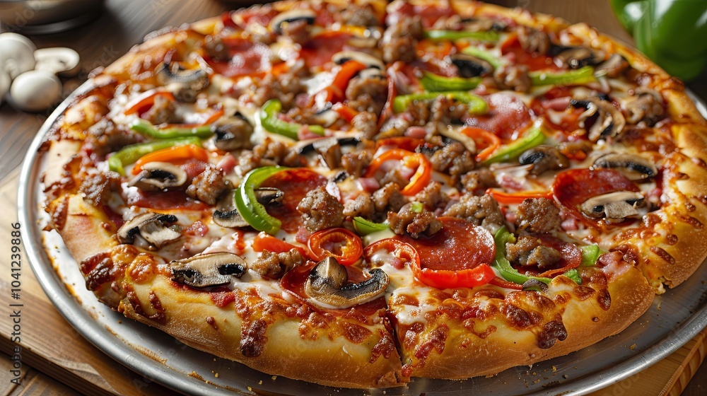 Deluxe Pizza with Pepperoni, Sausage, Mushrooms and Peppers background Deluxe Pizza with Pepperoni, Sausage, Mushrooms and Peppers background