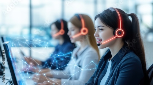 Focused woman in headset working in a modern office, providing customer support and utilizing technology for seamless communication. photo