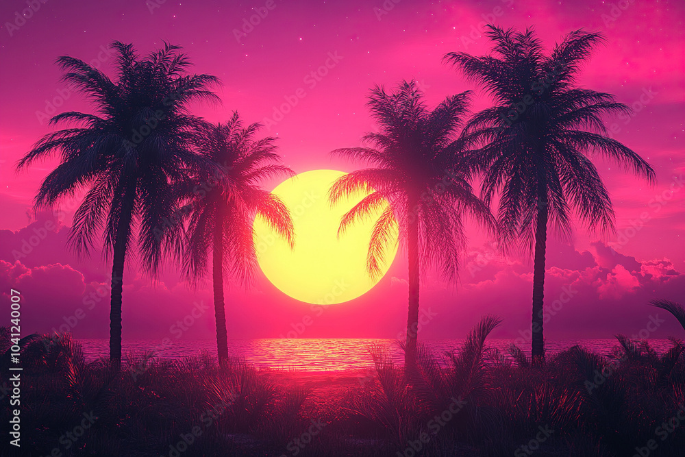 Retro style tropical sunset with palm tree silhouette and pink style. Classic 80s design illustration. Retro style tropical sunset with palm tree silhouette and pink style. Classic 80s design illustration.