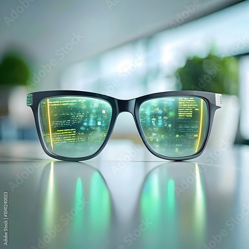 Close up AI code reflection customer support agent glasses macro shot human element AI driven service ample copy space photo stock concept showcasing technology and support interaction