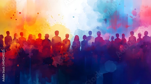 Watercolor Silhouette of People Against Colorful Background