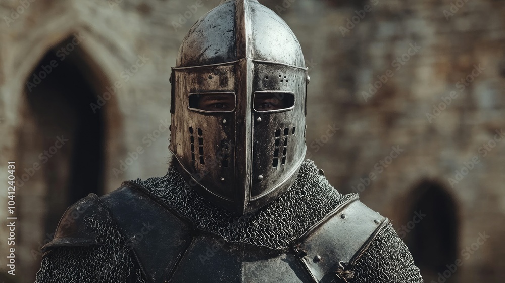 Portrait of a man in medieval knight armor, iron helmet with a face guard, standing in front of a castle gate. Intense and stoic expression. Portrait of a man in medieval knight armor, iron helmet with a face guard, standing in front of a castle gate. Intense and stoic expression.