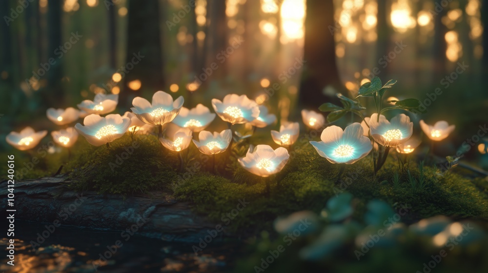 Naklejka premium A forest scene with a bunch of white flowers lit up. The flowers are scattered throughout the scene, with some close to the foreground and others further back